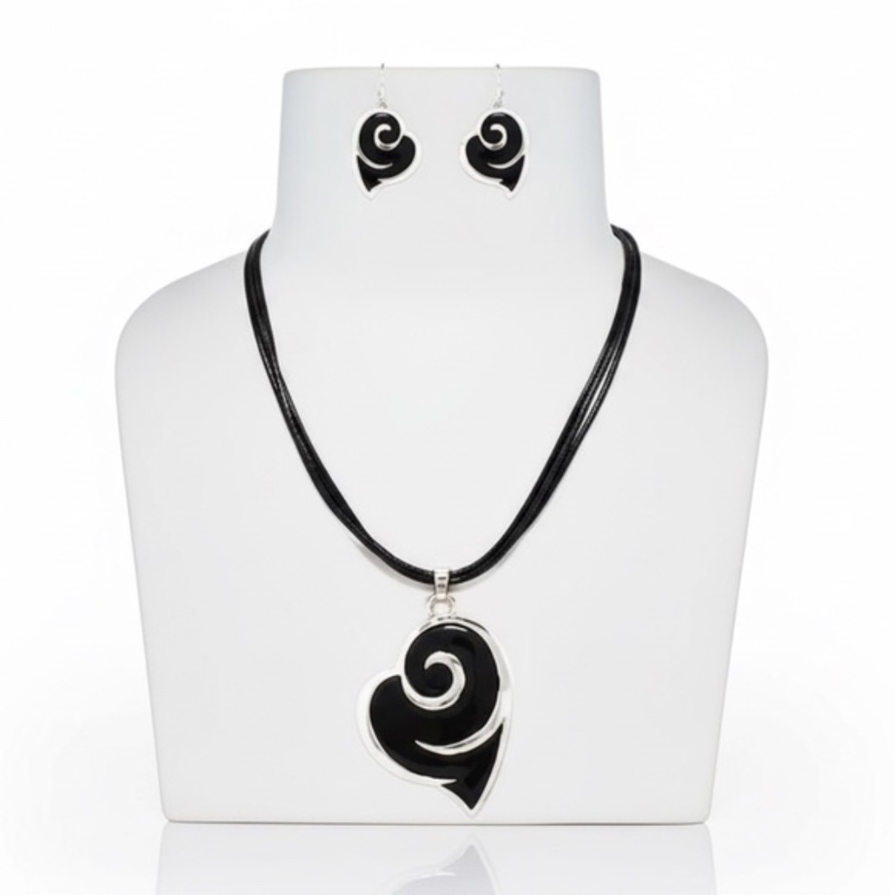 Womens Black Sliver Heart Pendant Necklace Earring‎ Set